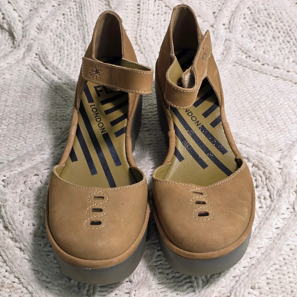 Fly London Tan Wedge Mary Jane Shoes